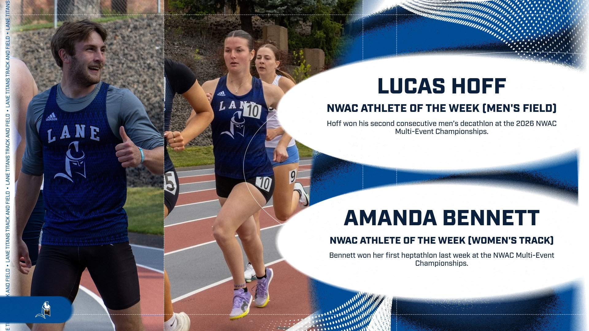 Two athletes side-by-side with text about their achievements. 