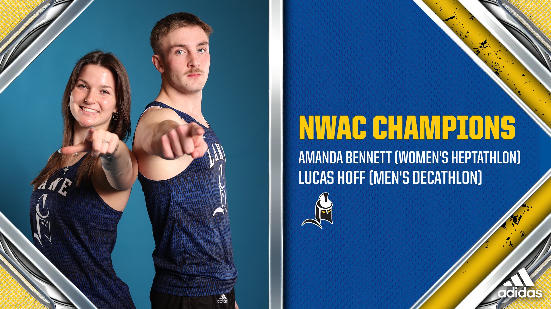 Two track stars point at the camera.
