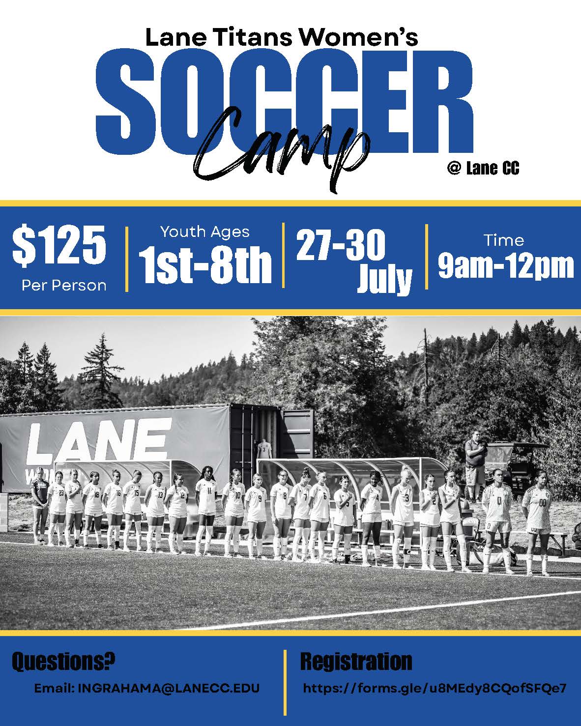 Soccer players lined up before a game with info about upcoming youth camps.